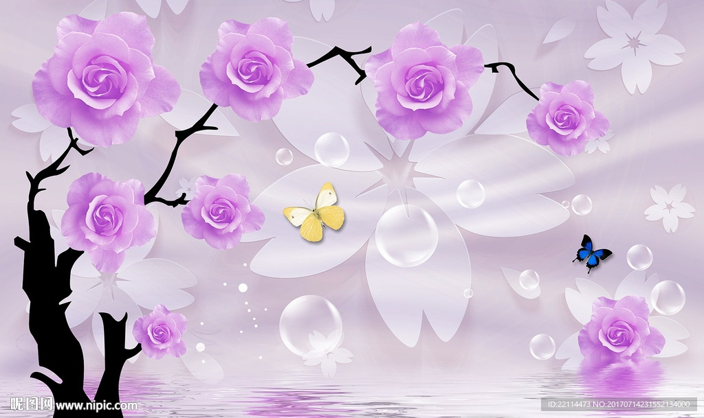 3D紫色玫瑰花树电视背景墙