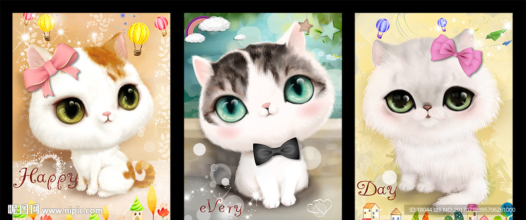 可爱卡通手绘猫咪大眼萌无框画