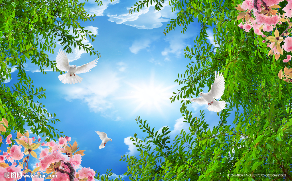 3D立体天空树叶花朵吊顶壁画