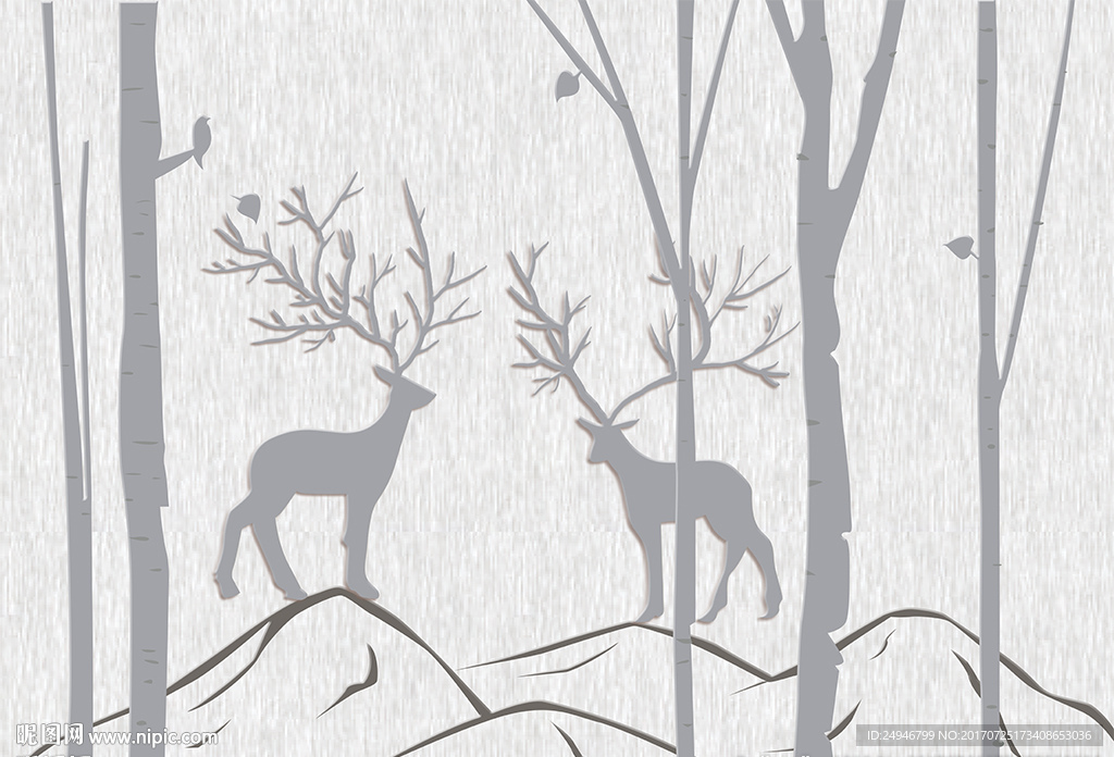 中式抽象树林梅花鹿影视背景墙