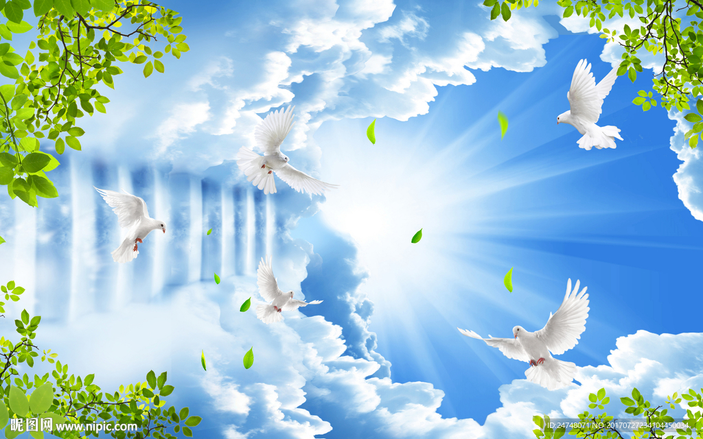 清新唯美天空云梯树叶风景吊顶