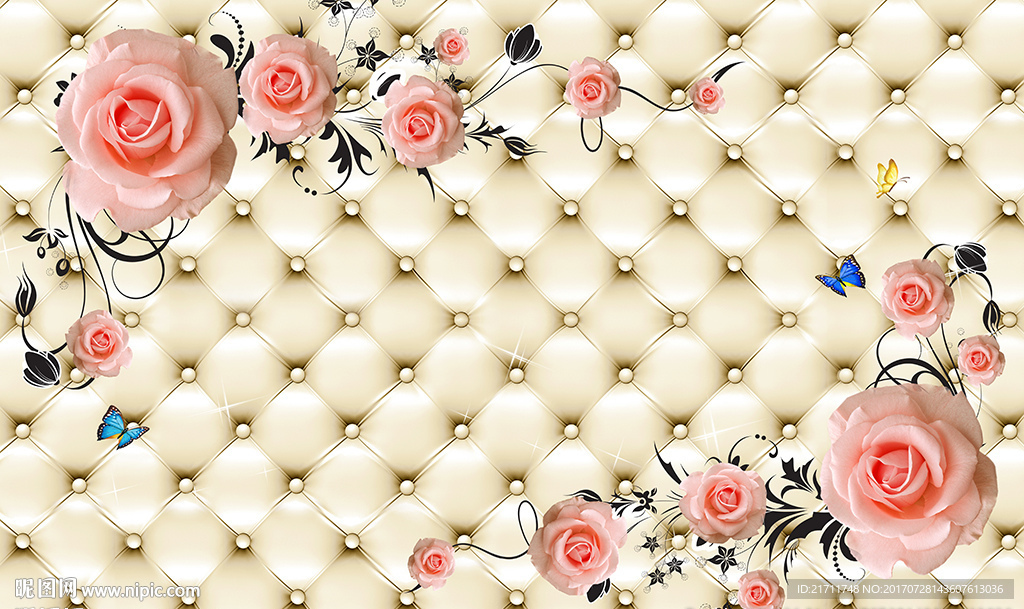 红色玫瑰蝴蝶软包电视背景墙