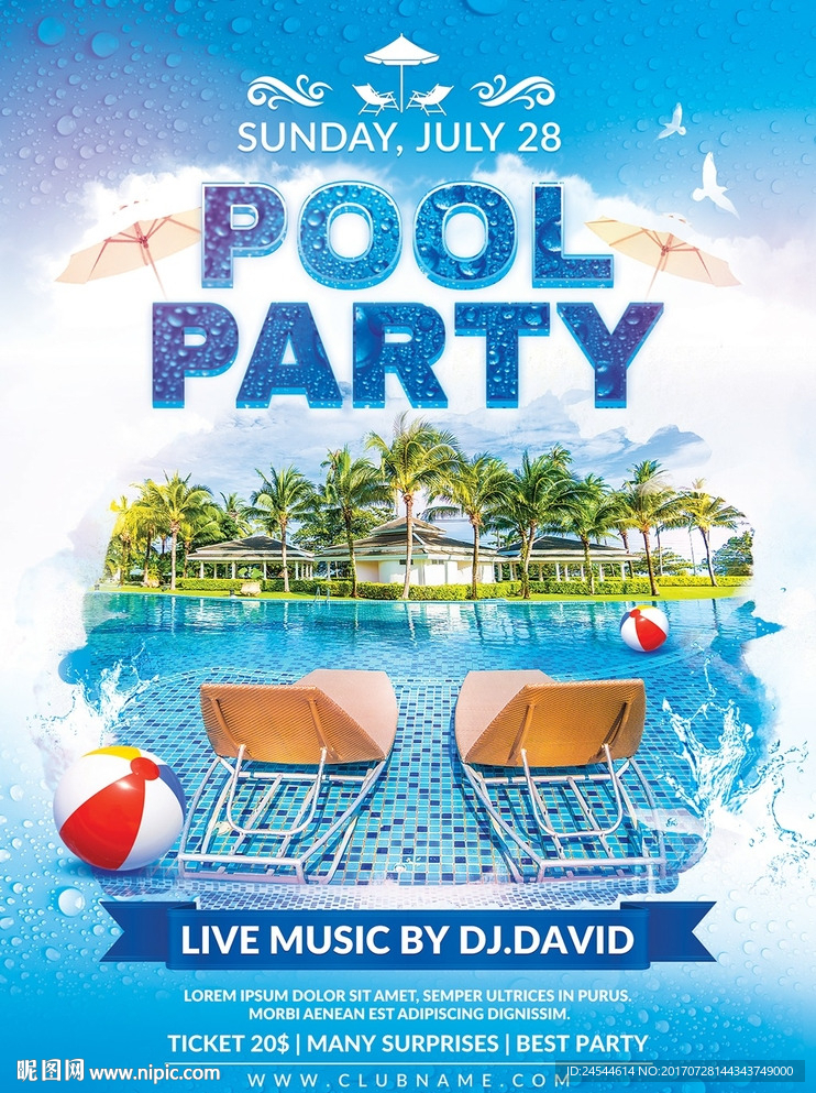 蓝色清洗夏日泳池派对创意海报