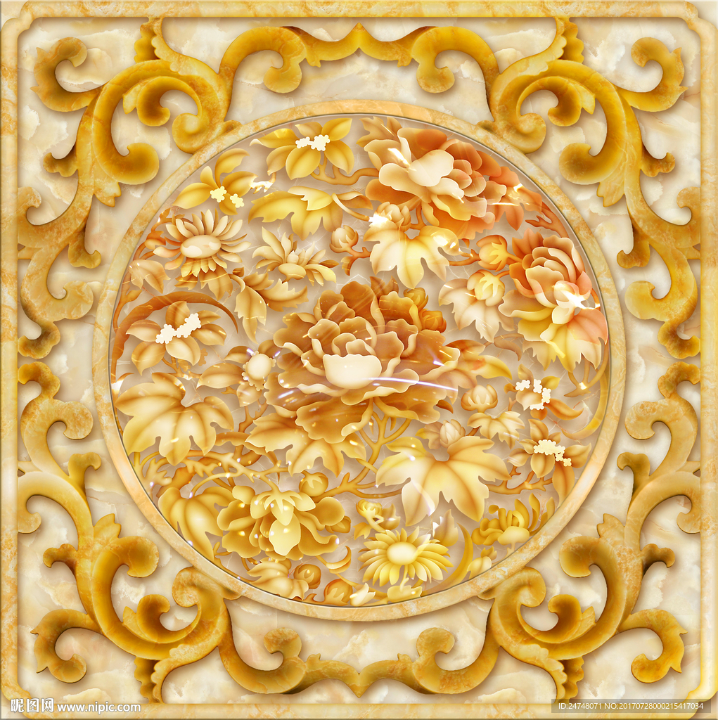 3D立体玉雕牡丹花开富贵吊顶