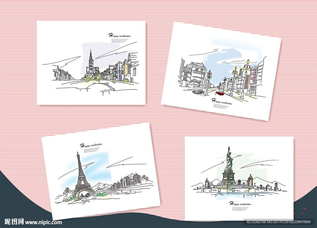 高档简约建筑无框画设计四联