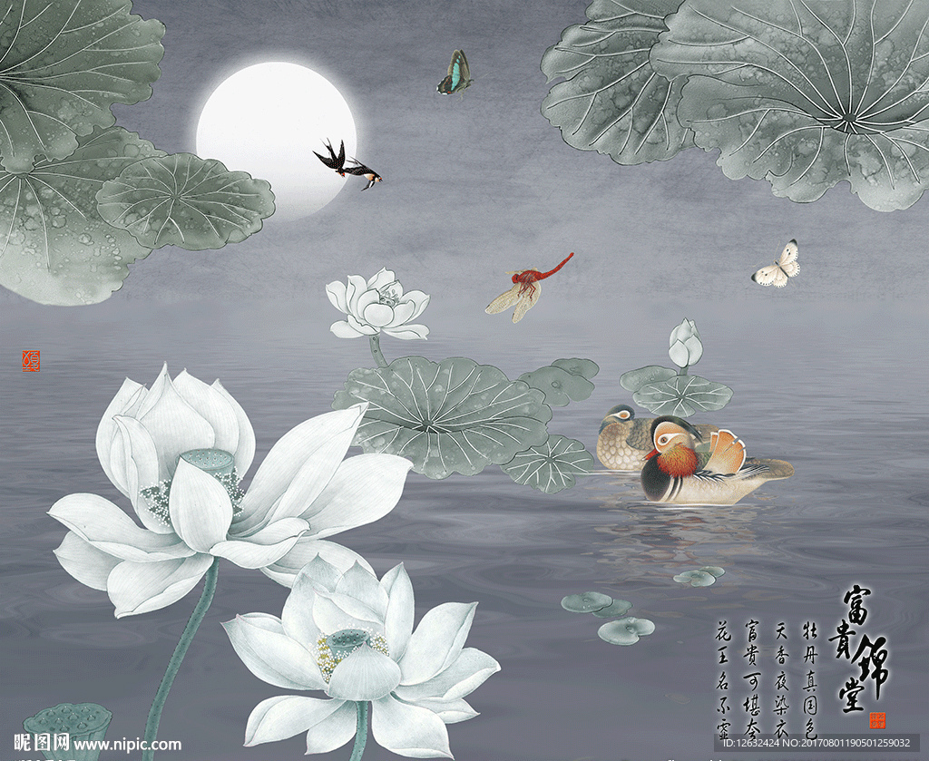 新中式荷塘夜色鸳鸯花鸟室内背图