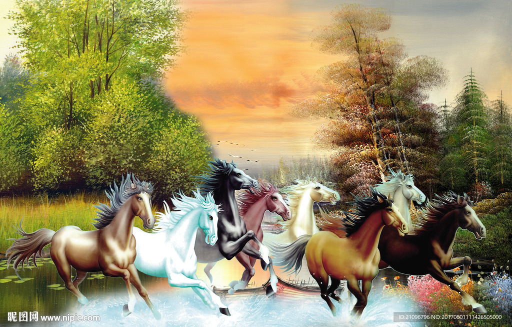 油画风景八骏图背景墙