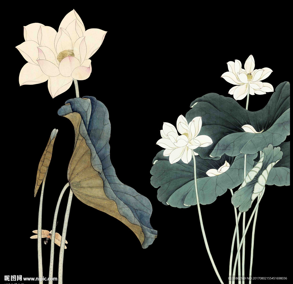 水墨荷花蜻蜓高清分层素材