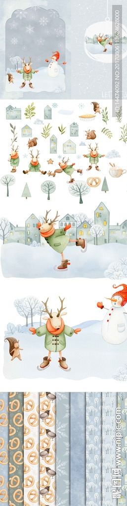 水彩手绘小鹿圣诞风格