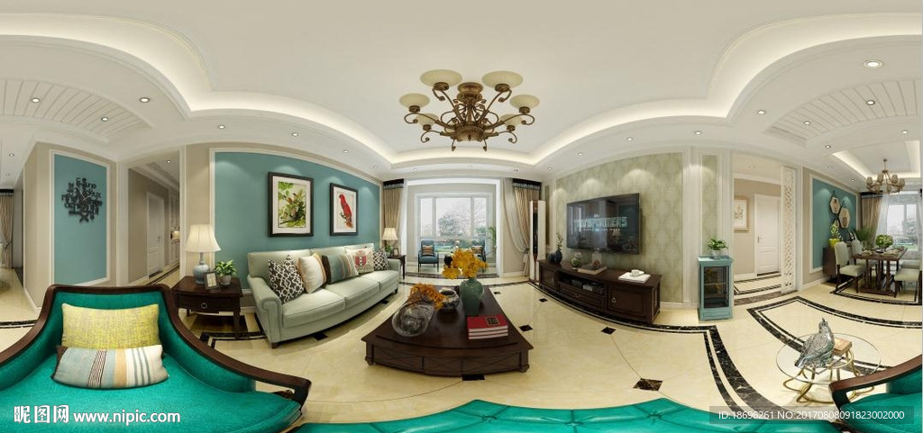 清新美式客厅餐厅全景模型