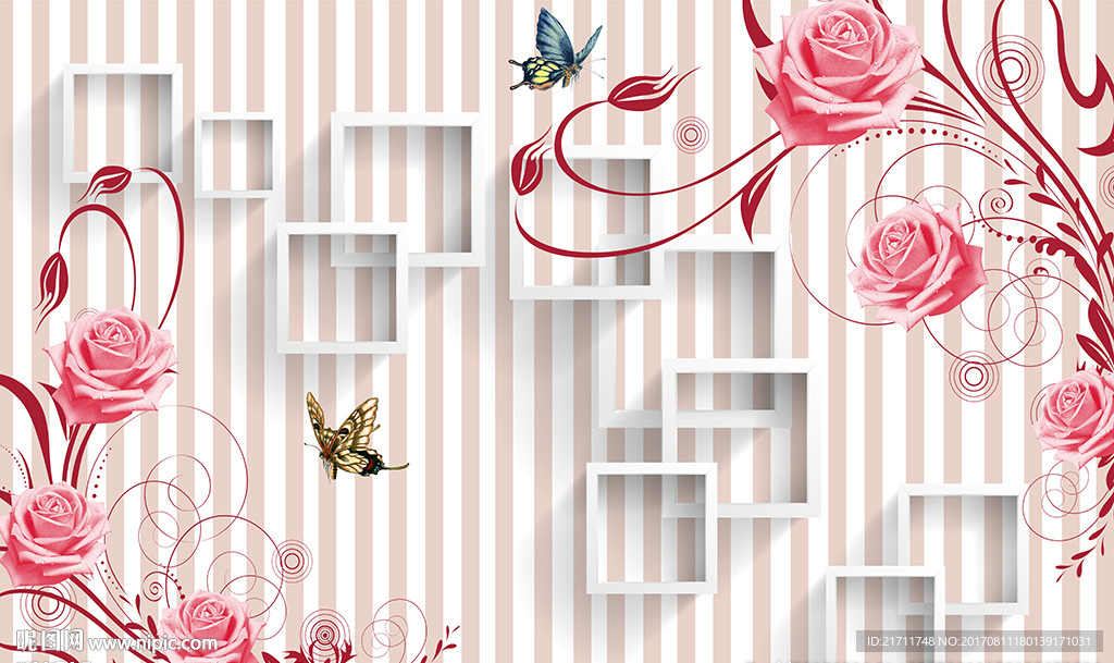 红色玫瑰花简约方框电视背景墙