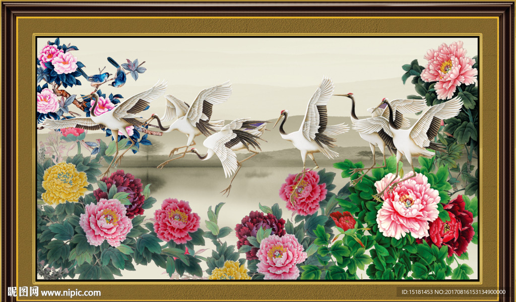 花开富贵仙鹤图