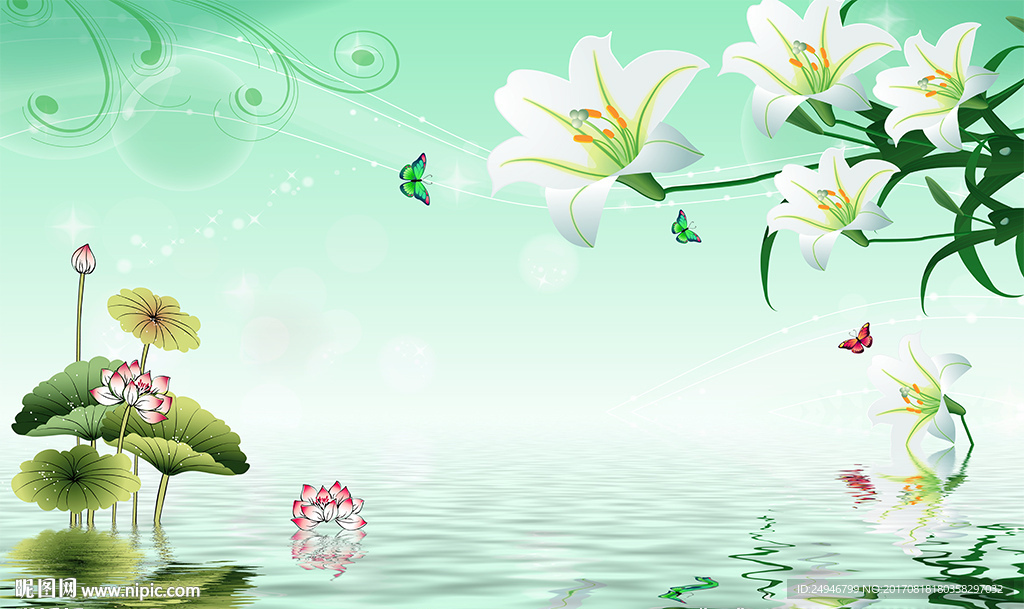 时尚百合花荷花影视背景墙