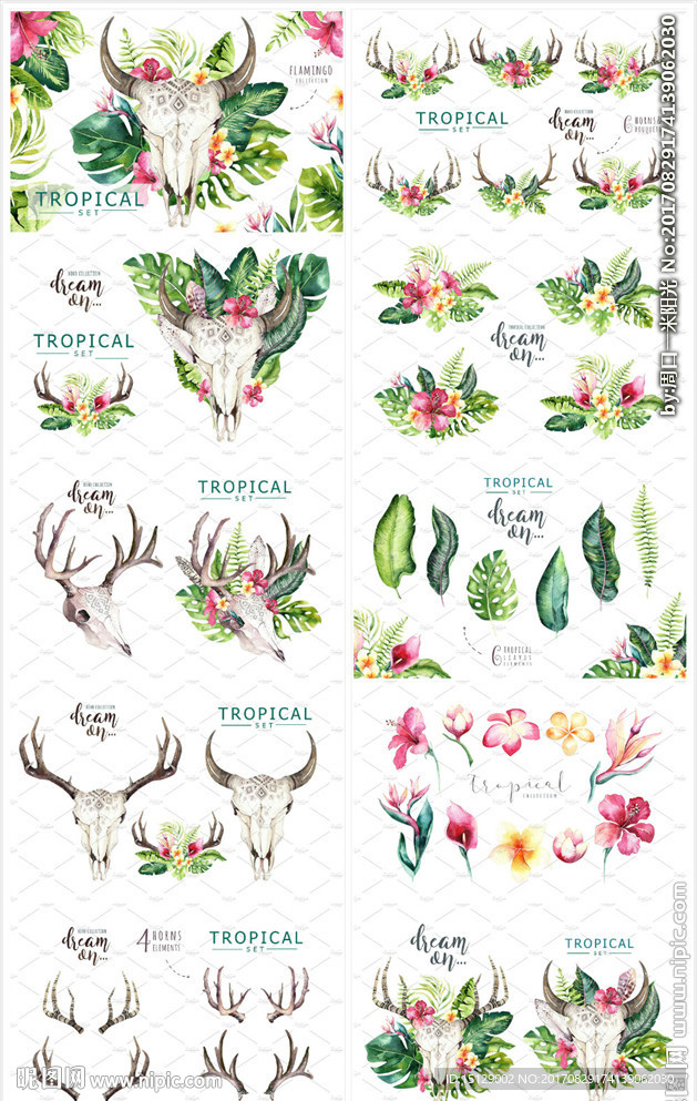 手绘鹿头花环鲜花水彩画