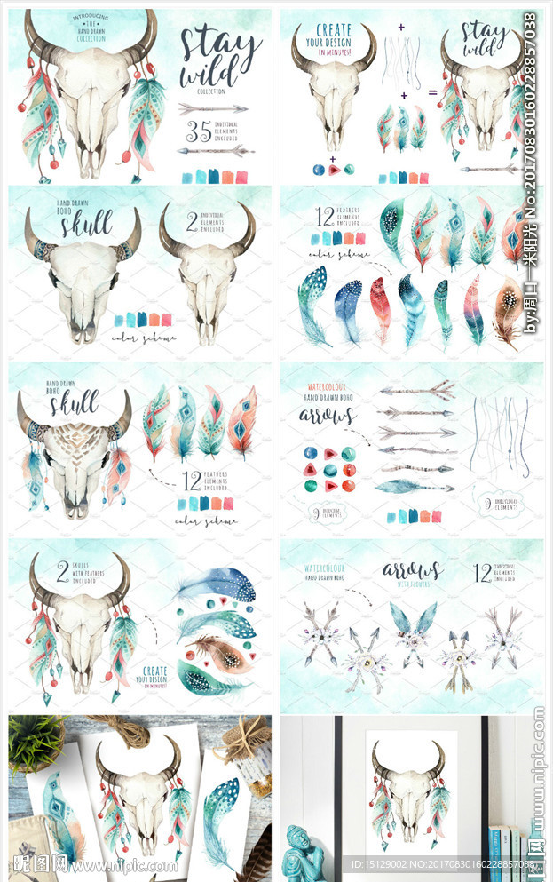 手绘鹿头花环鲜花水彩画