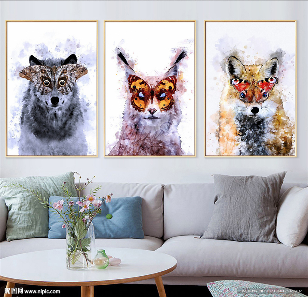 北欧水彩卡通手绘动物无框画