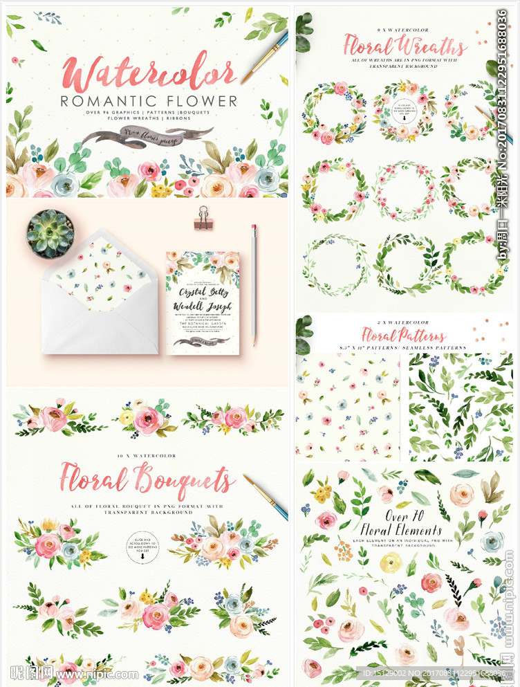 手绘鲜花花环花束水彩画