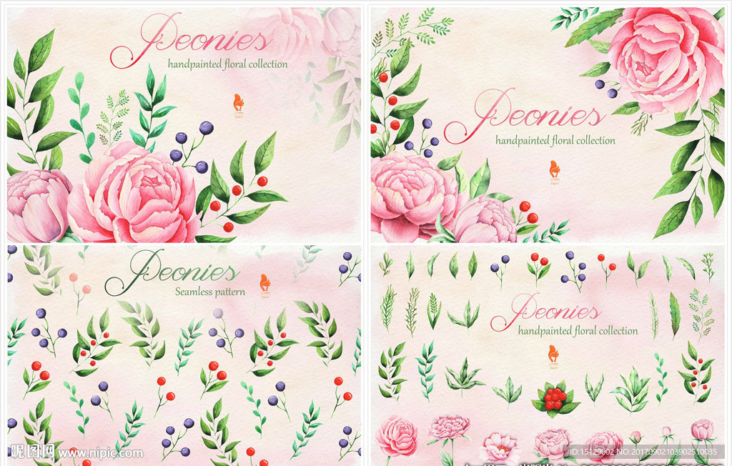 手绘水彩牡丹印花图案