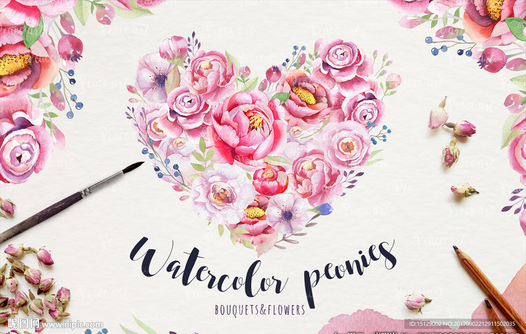 手绘水彩牡丹印花图案