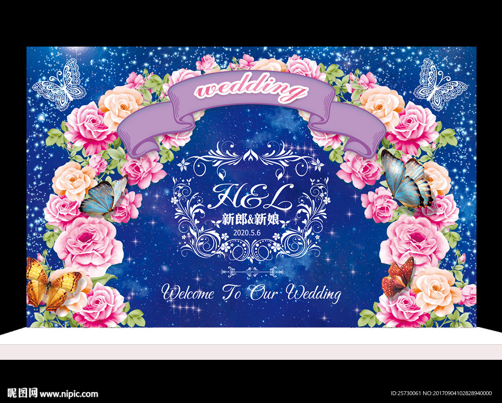 蓝色星空花卉婚礼签到牌甜品设计