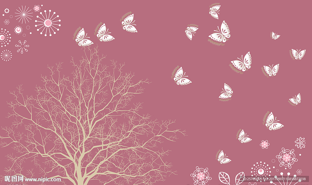 梦幻小树简约蝴蝶电视背景墙