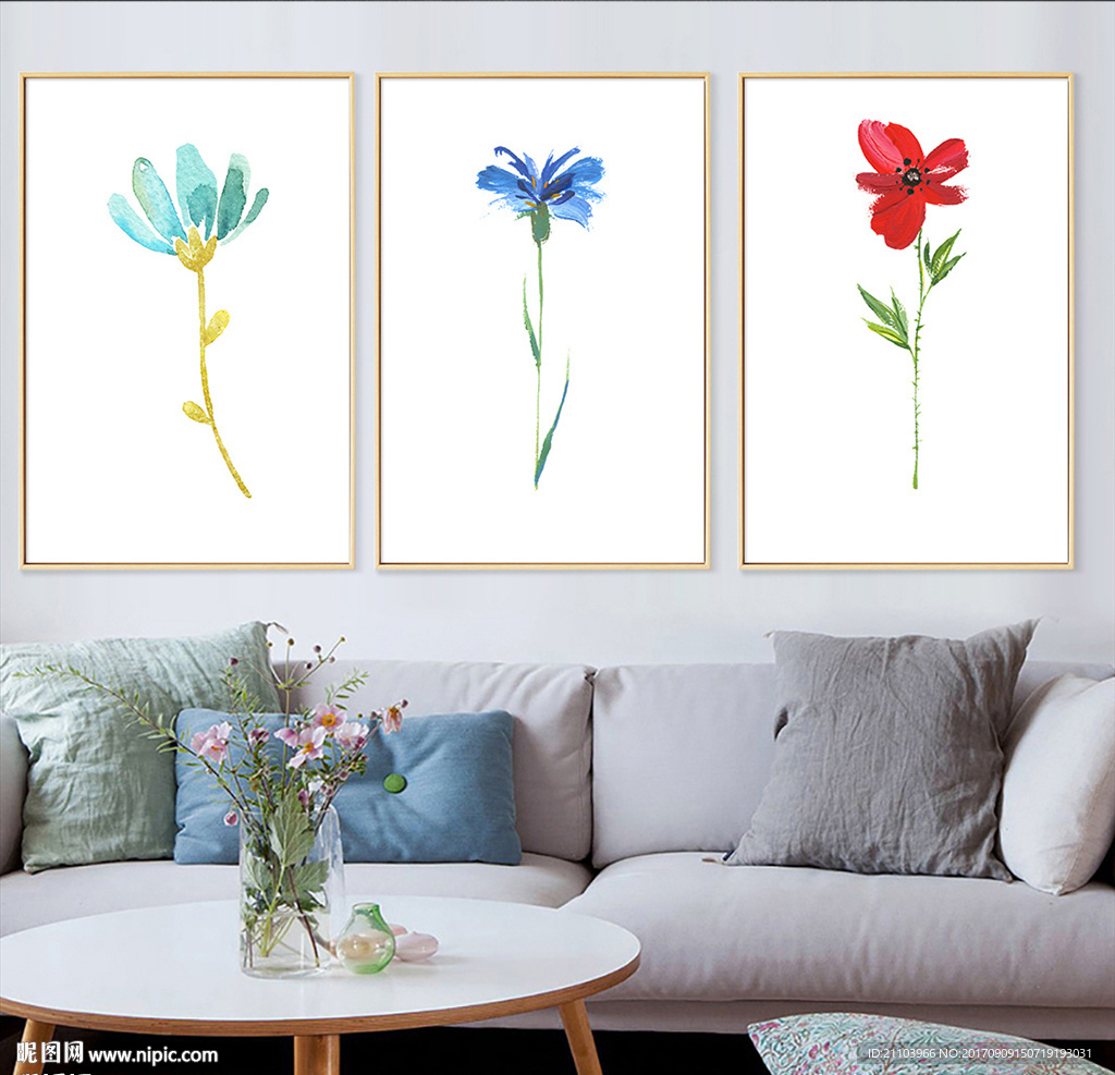 手绘插画插花花瓶水彩花无框画