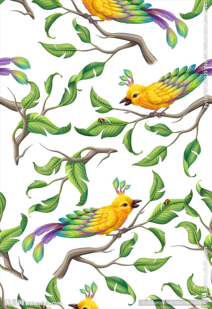 树枝鸟四方连续印花图案