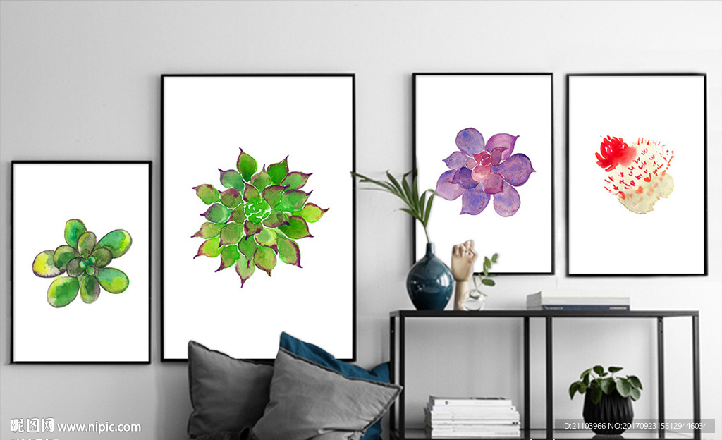 北欧简约小清新多肉植物四联装饰