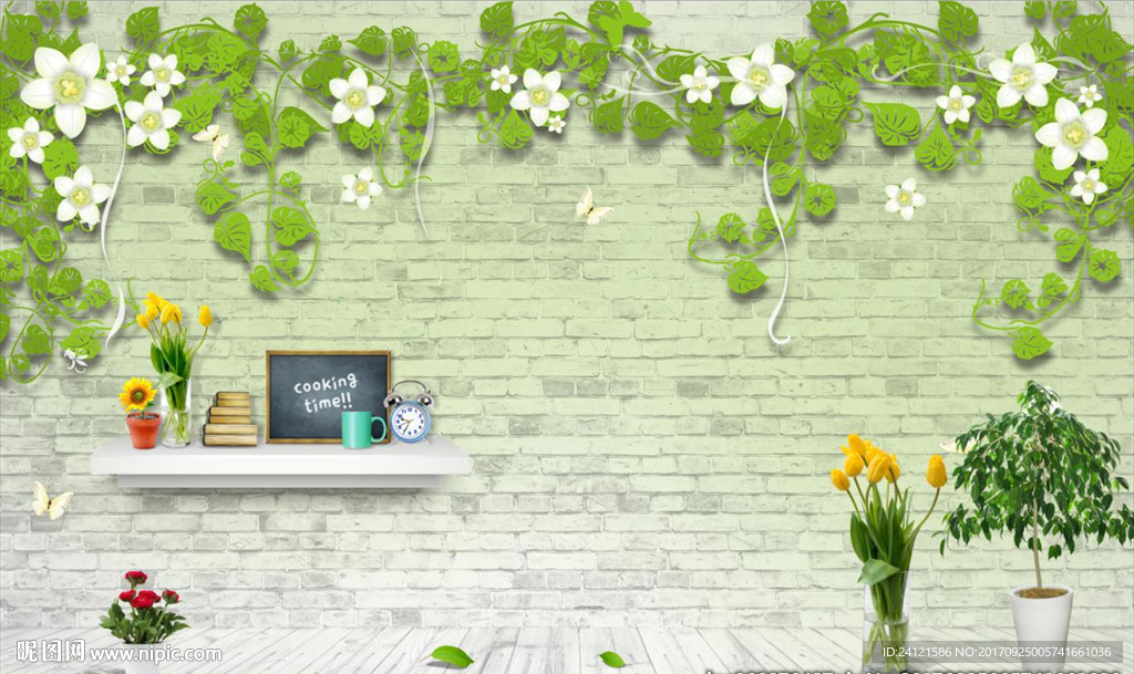 砖墙藤蔓3D立体田园风景