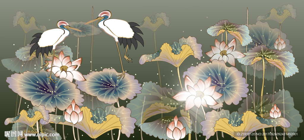 荷花仙鹤客厅画国画莲子仙幻唯美