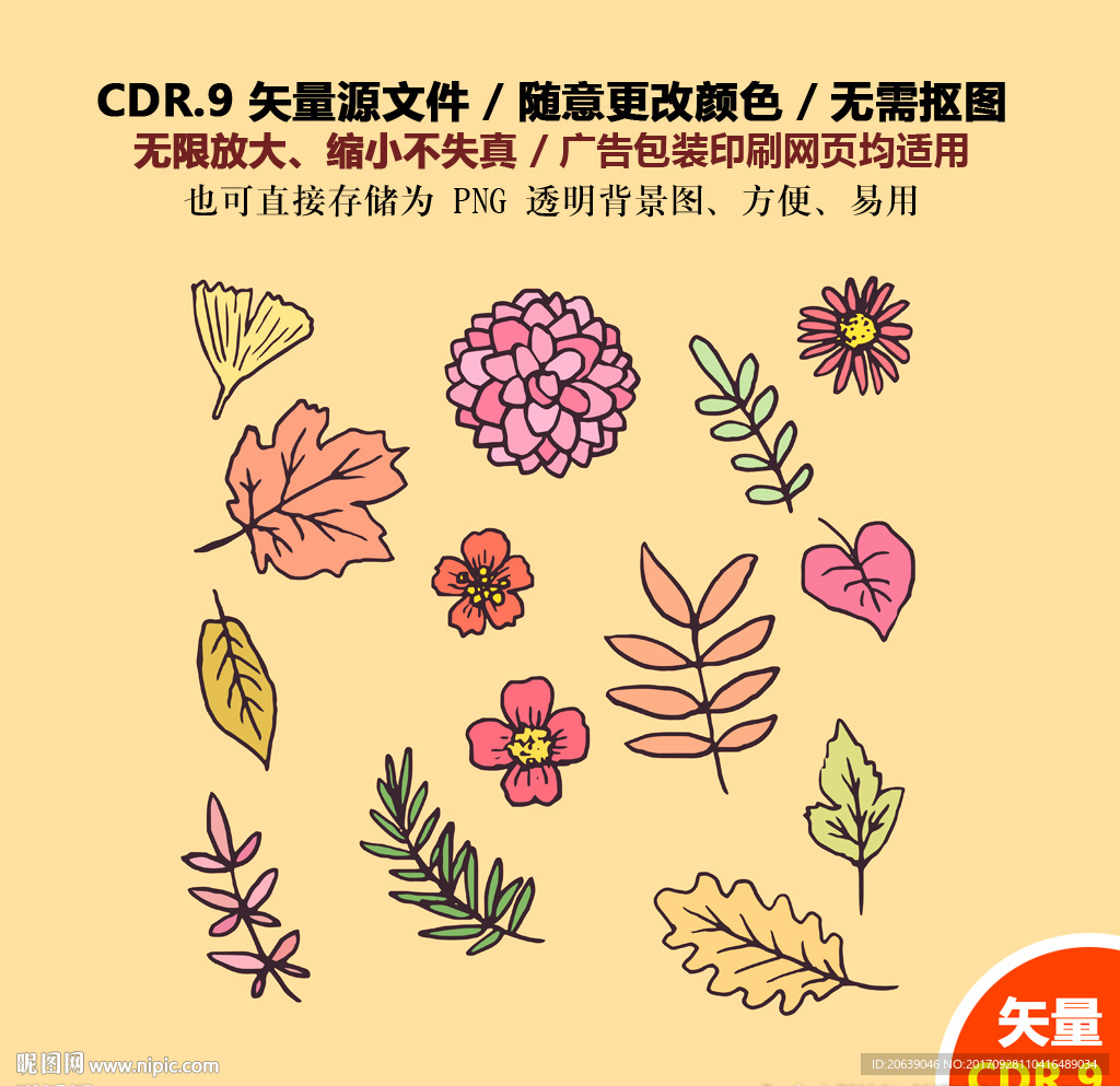 手绘彩色树叶花草矢量图标