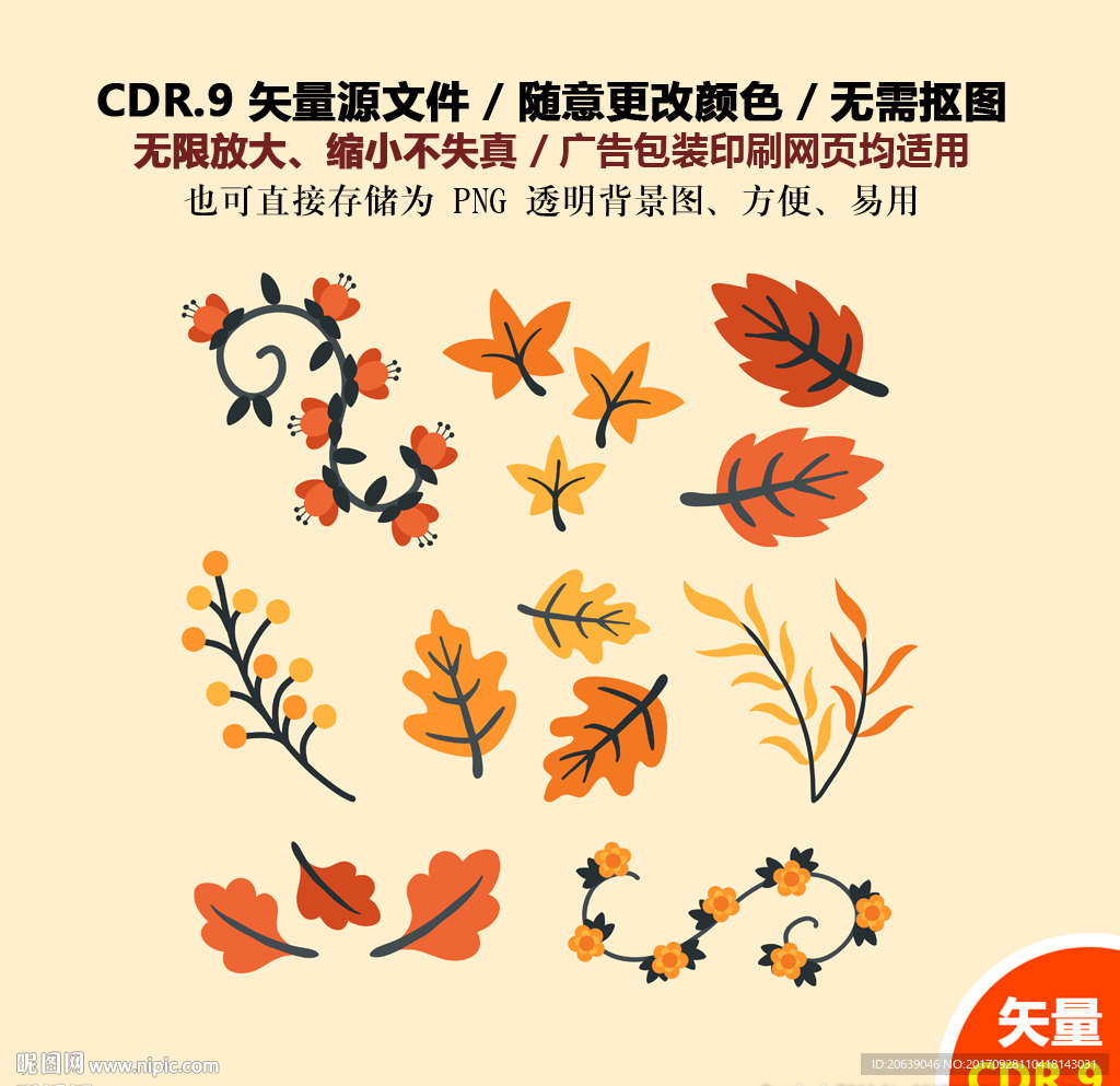 手绘金秋树叶枫叶矢量图