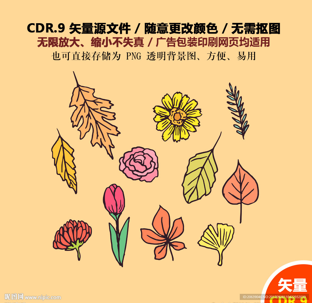 手绘树叶花草花朵矢量图标