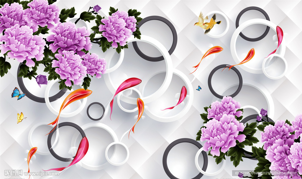 紫色牡丹花花瓣圆圈九鱼图