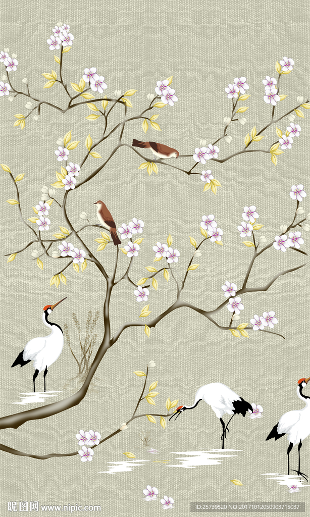 玄关手绘花鸟仙鹤图