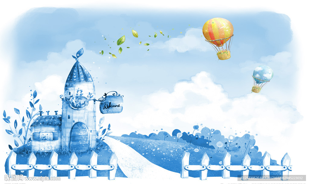复古蓝天白云油画热气球