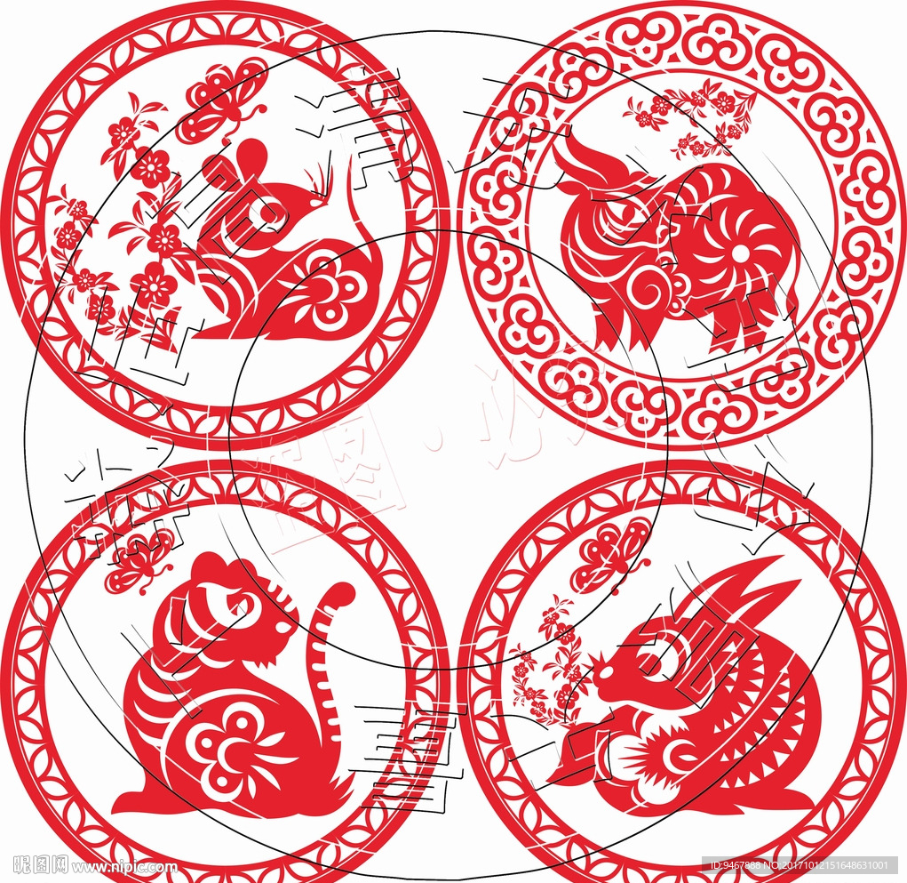 精美12生肖鼠牛虎兔剪纸艺术