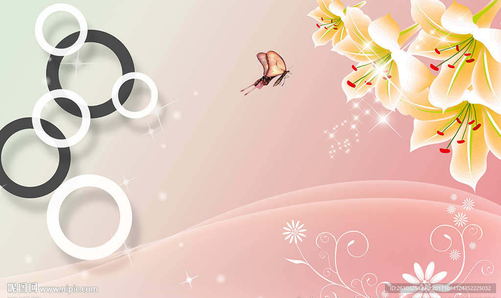 梦幻百合蝴蝶简约圈圈电视背景墙