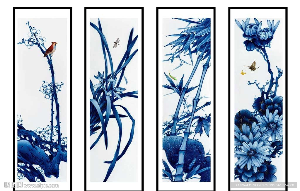 梅兰竹菊四君子青花瓷板画