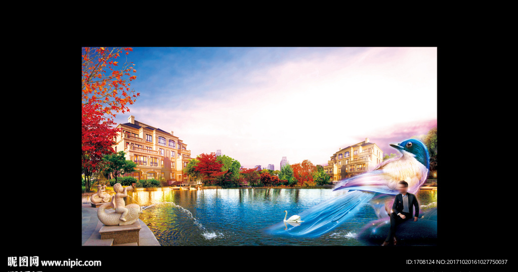 房地产别墅江景湖景水景景观图