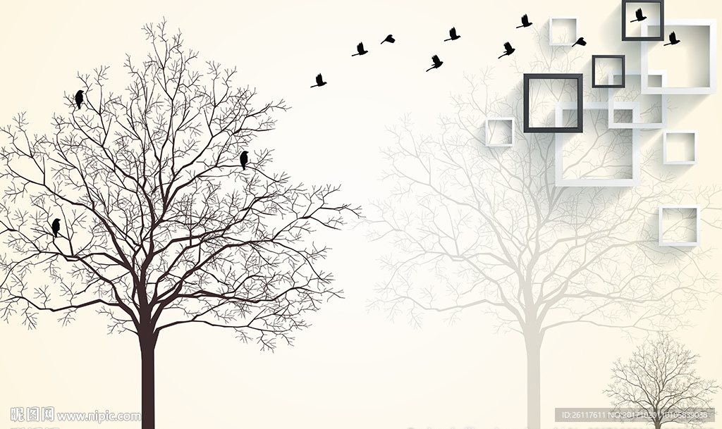 简约小树黑白框框小鸟电视背景墙