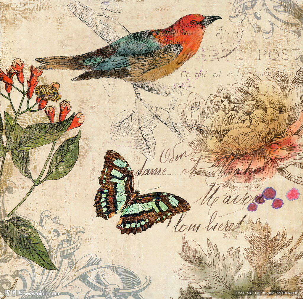 欧式复古花鸟图案设计