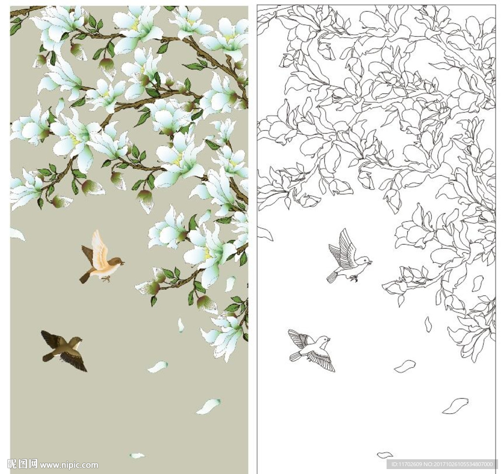 花鸟 玉兰花 高清印刷路径矢量