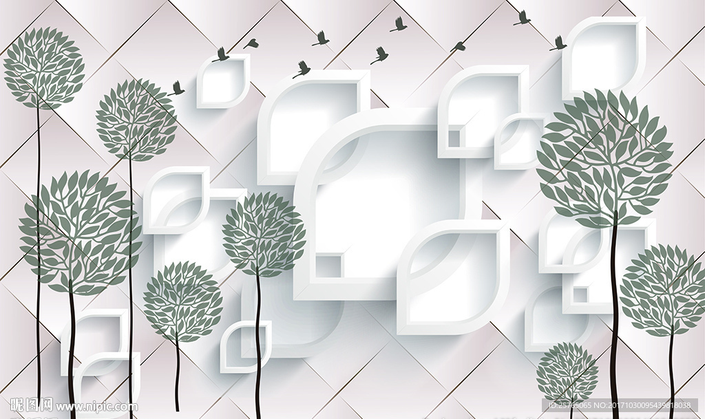 简约小树小鸟菱形软包电视背景墙