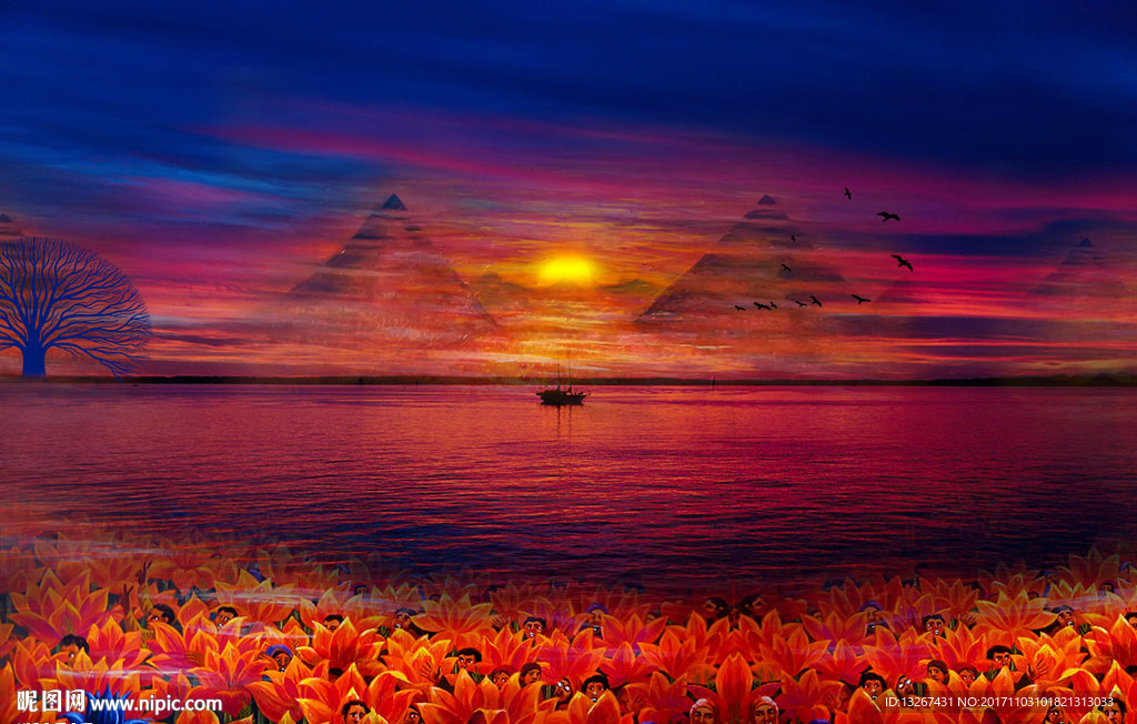 油画风格山水夕阳