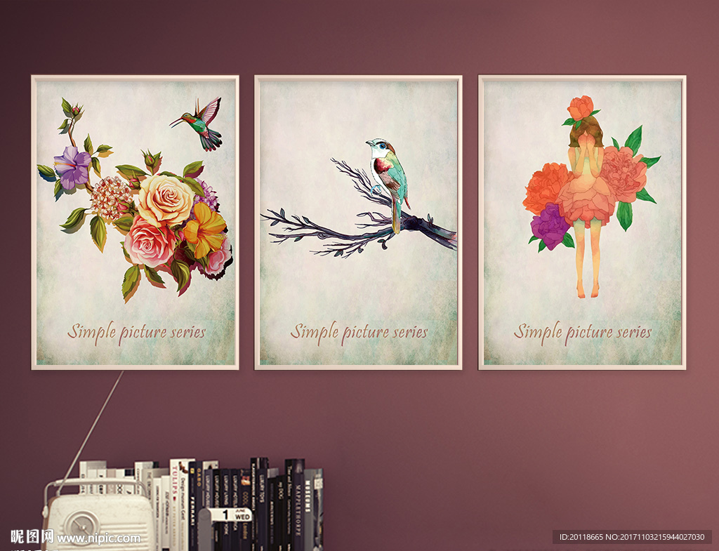 北欧创意手绘爱情鸟玫瑰花无框画