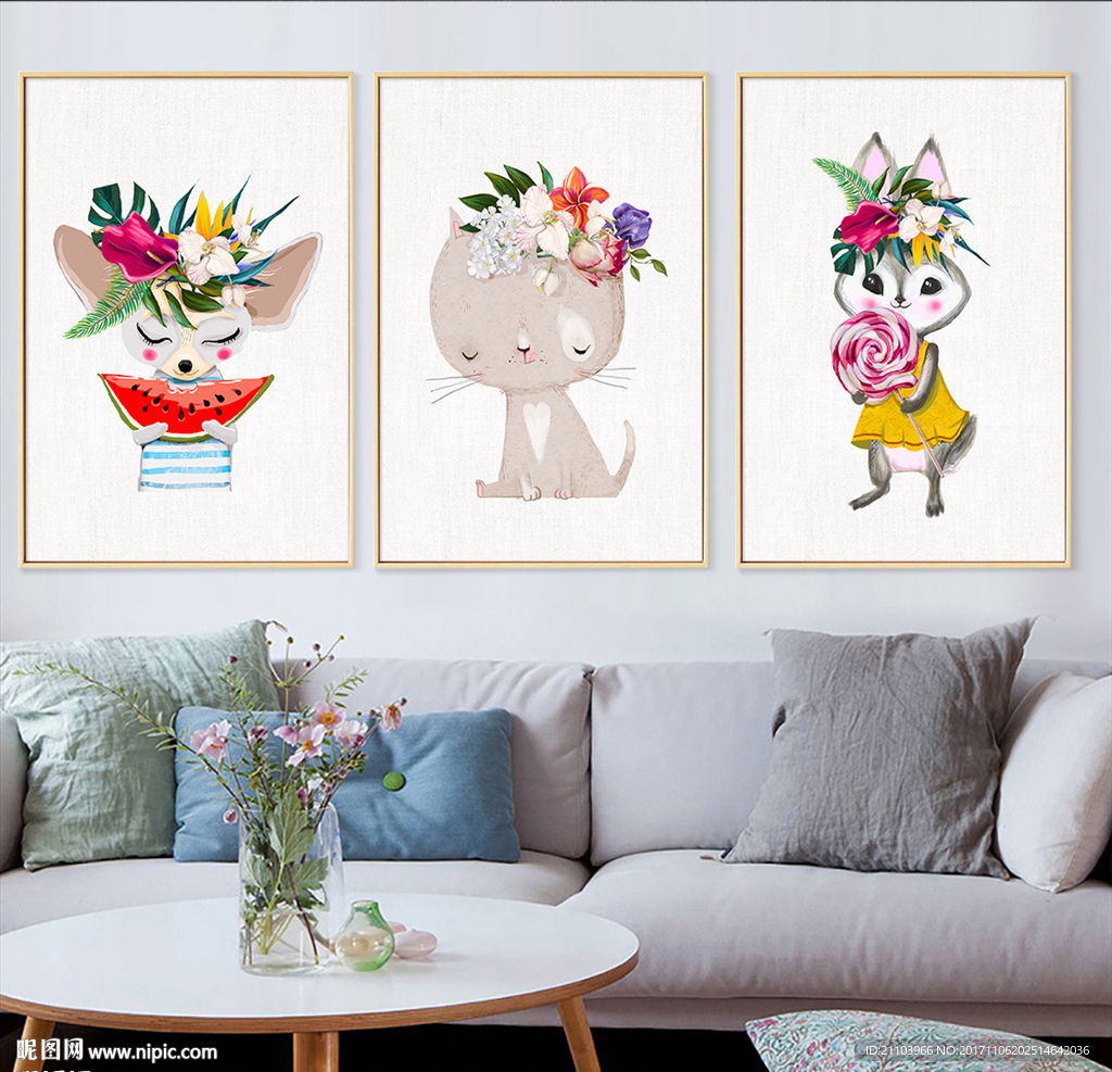 北欧简约手绘水彩花卉动物无框画