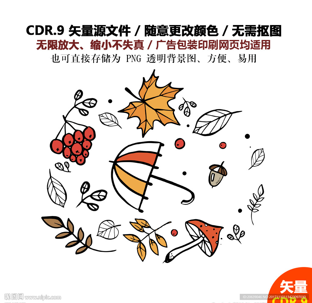 手绘金秋树叶枫叶林矢量图