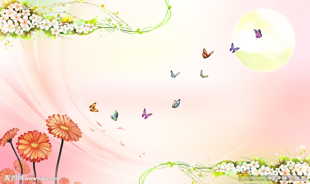 梦幻花卉蝴蝶现代太阳电视背景墙