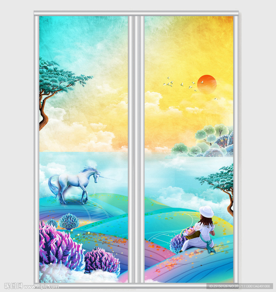 水彩独角兽梦幻童话移门